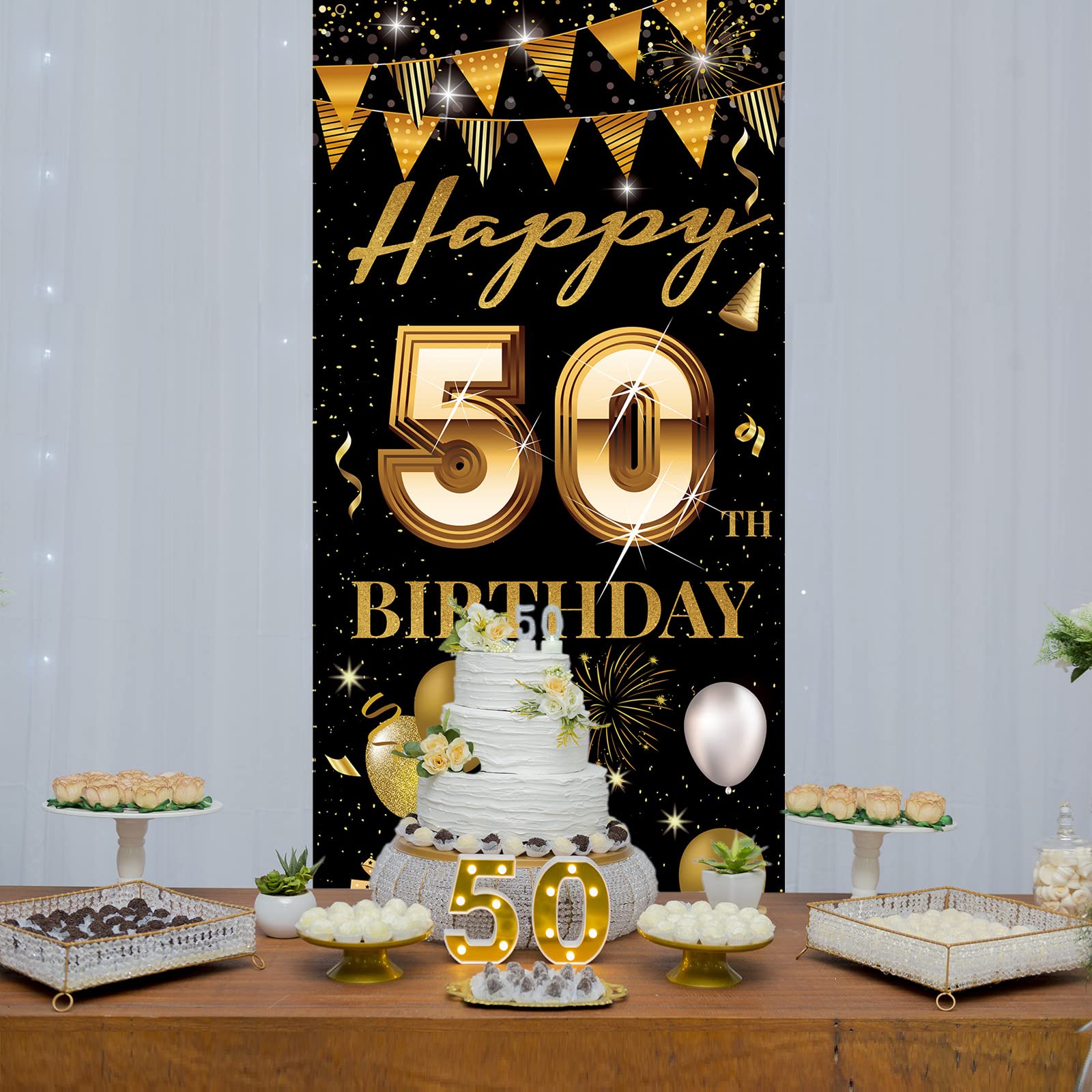 HTDZZI 50th Birthday Door Banner, Happy 50th Birthday Decorations Men Women, 50 Years Old Birthday Backdrop Photo Booth Props, Black Gold 50 Birthday Party Yard Sign Decor for Outdoor Indoor Sturdy