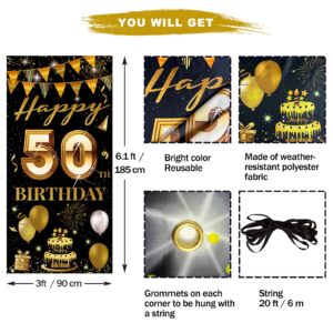 HTDZZI 50th Birthday Door Banner, Happy 50th Birthday Decorations Men Women, 50 Years Old Birthday Backdrop Photo Booth Props, Black Gold 50 Birthday Party Yard Sign Decor for Outdoor Indoor Sturdy