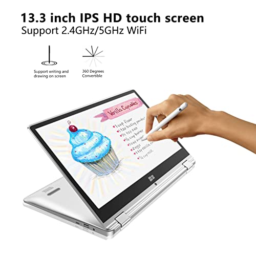 Yoidesu 2 in 1 Laptop, 13.3 IPS HD Touch Screen Display, for J4105 Quad Core CPU, 360 ° Rotation, Fingerprint Unlock, 2.4GHz/5GHz WiFi, 6000mah Battery, BT Laptop Computer for Win
