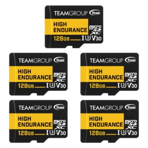 teamgroup high endurance 128gb 5 pack micro sdxc uhs-i u3 v30 4k 100mb/s (designed for monitoring) memory card for wyze, dash cam, security camera, 4k & full hd video recording thusdx128giv3068