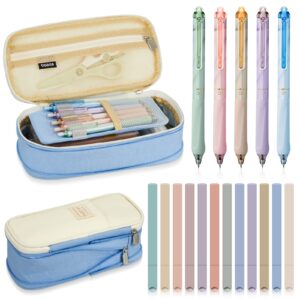 18 pcs aesthetic school supplies including big capacity pen case bag with zipper 12 pcs chisel tip aesthetic cute highlighters 5 pcs retractable quick dry black ink pens(light blue, fresh style)