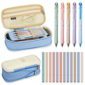 18 Pcs Aesthetic School Supplies Including Big Capacity Pen Case Bag with Zipper 12 Pcs Chisel Tip Aesthetic Cute Highlighters 5 Pcs Retractable Quick Dry Black Ink Pens(Light Blue, Fresh Style)