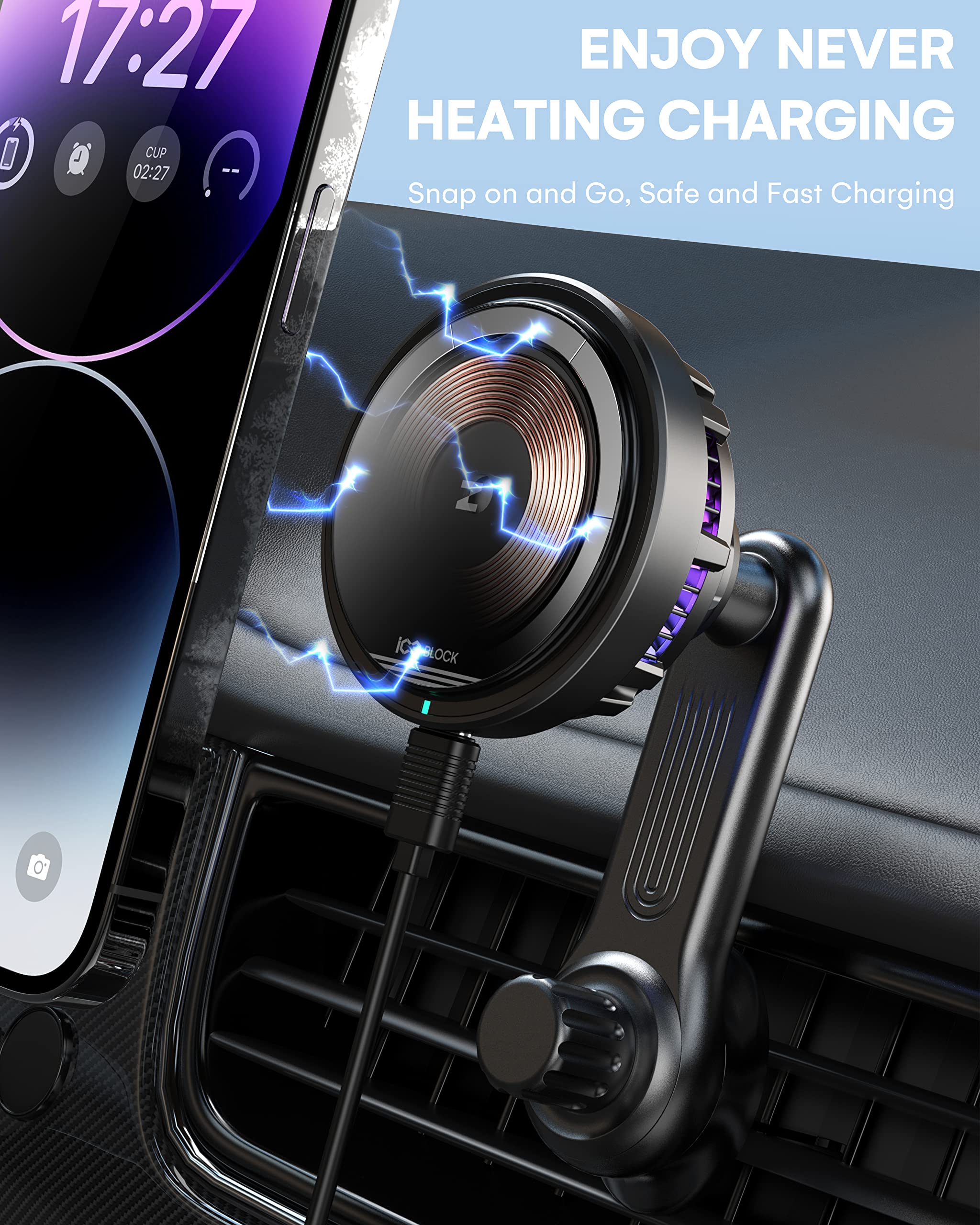 [Ice Cooling Charging] Compatible for Mag-Safe Car Charger,15W ICEBLOCK Magnetic Wireless Car Charger Mount, Hands Free Car Mount for iPhone 15 14 13 12 Pro Max Plus Mini Mag-Safe Case
