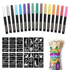anmmy temporary tattoo markers for skin, 16-count body markers+77 large tattoo stencils of assorted colors for kids and adults, flexible brush tip, bright colors, skin-safe*, cosmetic-grade.