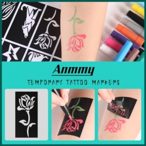 Anmmy Temporary Tattoo Markers for Skin, 16-Count Body Markers+77 Large Tattoo Stencils of Assorted Colors for kids and Adults, Flexible Brush Tip, Bright colors, Skin-Safe*, Cosmetic-Grade.