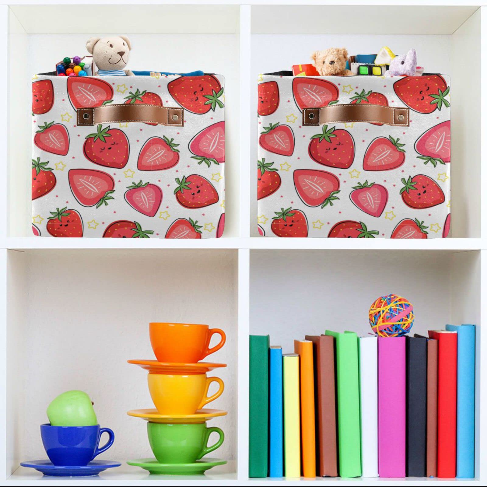 ALAZA Strawberry Star Polka Dots Large Storage Basket with Handles Foldable Decorative 1 Pack Storage Bin Box for Organizing Living Room Shelves Office Closet Clothes