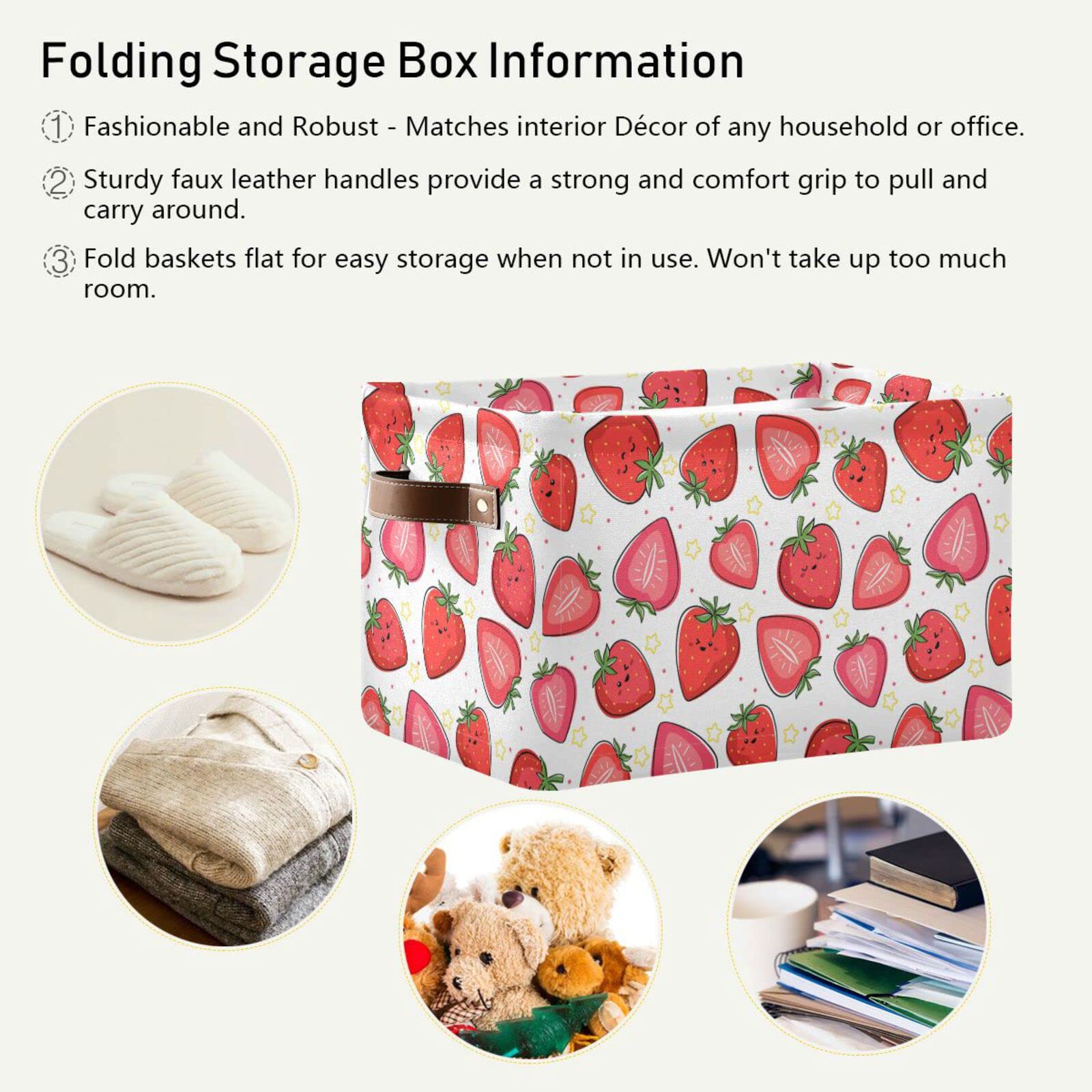 ALAZA Strawberry Star Polka Dots Large Storage Basket with Handles Foldable Decorative 1 Pack Storage Bin Box for Organizing Living Room Shelves Office Closet Clothes