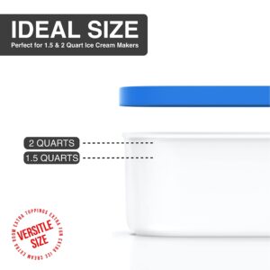 Ice Cream Containers - 2 Quart Ea. (Set of 2) - Premium Reusable Freezer Storage for Homemade Ice Cream Tub for Sorbet, Frozen Yogurt - Flexible Silicone Lids, Long Scoop, Stackable - Blue & Red