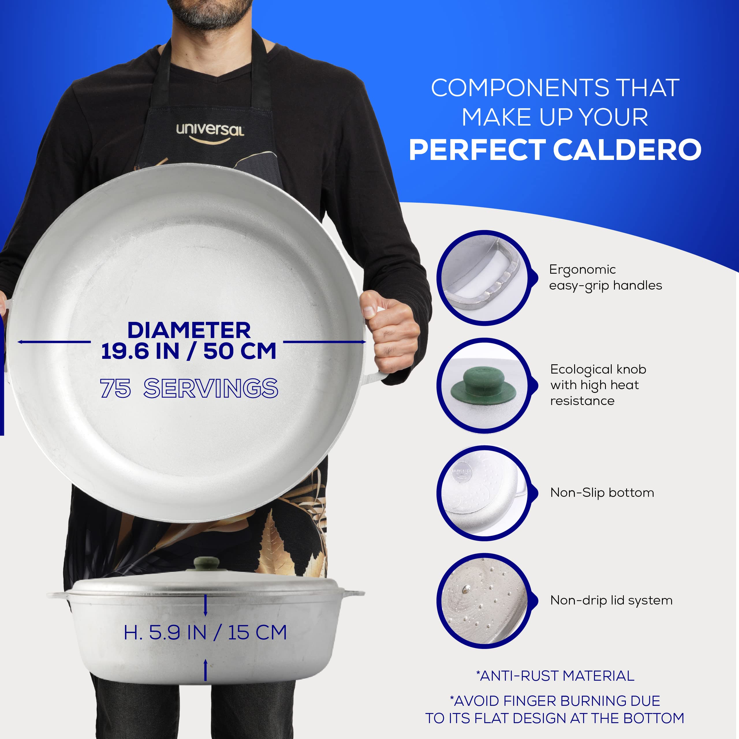 Universal Extra Large Caldero 75 Cups - 27.7 QT / 26.6 L, Stainless Aluminum Pot, Even Heat Distribution and Fast Cooking Dutch Oven Pot with Ergonomic Handles, Ideal for Rice, French Fries, and More