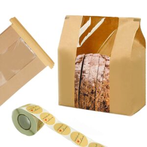 100 pack large kraft paper bread bags for homemade bread loaf bags 14" x 8.3" x 3.5" with tin tie tab lock clear front window bakery bags packaging coffee cookie treat bags with label seal stickers