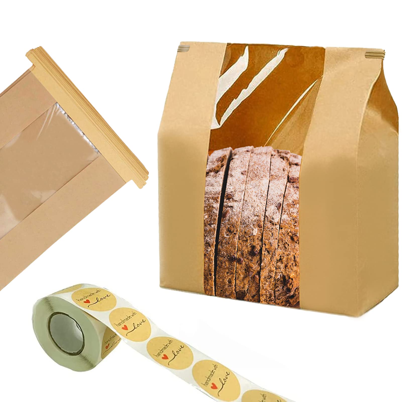 100 Pack Large Kraft Paper Bread Bags for Homemade Bread Loaf Bags 14" x 8.3" x 3.5" with Tin Tie Tab Lock Clear Front Window Bakery Bags Packaging Coffee Cookie Treat Bags with Label Seal Stickers