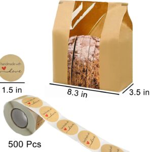 100 Pack Large Kraft Paper Bread Bags for Homemade Bread Loaf Bags 14" x 8.3" x 3.5" with Tin Tie Tab Lock Clear Front Window Bakery Bags Packaging Coffee Cookie Treat Bags with Label Seal Stickers