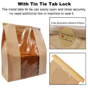 100 Pack Large Kraft Paper Bread Bags for Homemade Bread Loaf Bags 14" x 8.3" x 3.5" with Tin Tie Tab Lock Clear Front Window Bakery Bags Packaging Coffee Cookie Treat Bags with Label Seal Stickers