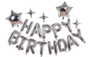 23pcs birthday balloons banner, 3d silver premium mylar foil ecofriendly letter happy birthday banner with 5pcs star balloons kits for kids boys men adults birthday party decorations us7ss