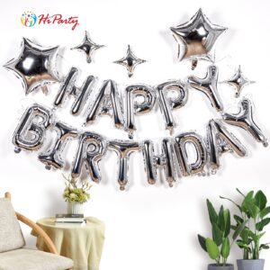 23pcs Birthday Balloons Banner, 3D Silver Premium Mylar Foil Ecofriendly Letter Happy Birthday Banner with 5pcs Star Balloons Kits for Kids Boys Men Adults Birthday Party Decorations US7SS