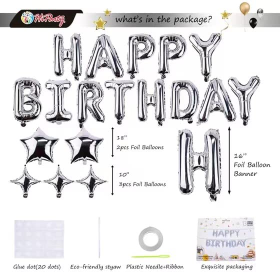 23pcs Birthday Balloons Banner, 3D Silver Premium Mylar Foil Ecofriendly Letter Happy Birthday Banner with 5pcs Star Balloons Kits for Kids Boys Men Adults Birthday Party Decorations US7SS