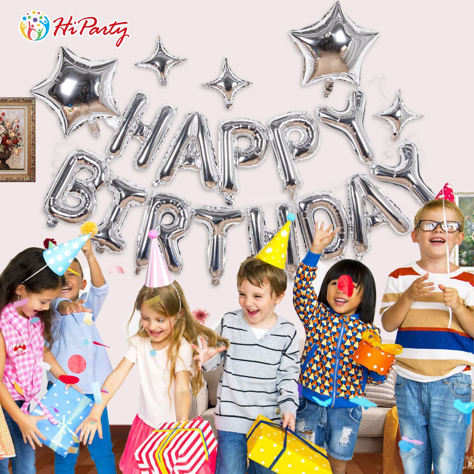 23pcs Birthday Balloons Banner, 3D Silver Premium Mylar Foil Ecofriendly Letter Happy Birthday Banner with 5pcs Star Balloons Kits for Kids Boys Men Adults Birthday Party Decorations US7SS