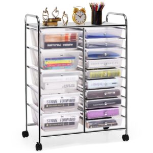 costway 15 drawer rolling storage cart, multipurpose mobile storage organizer w/removable drawers & metal frame, utility tools paper organizer on wheels for home, office (transparent)