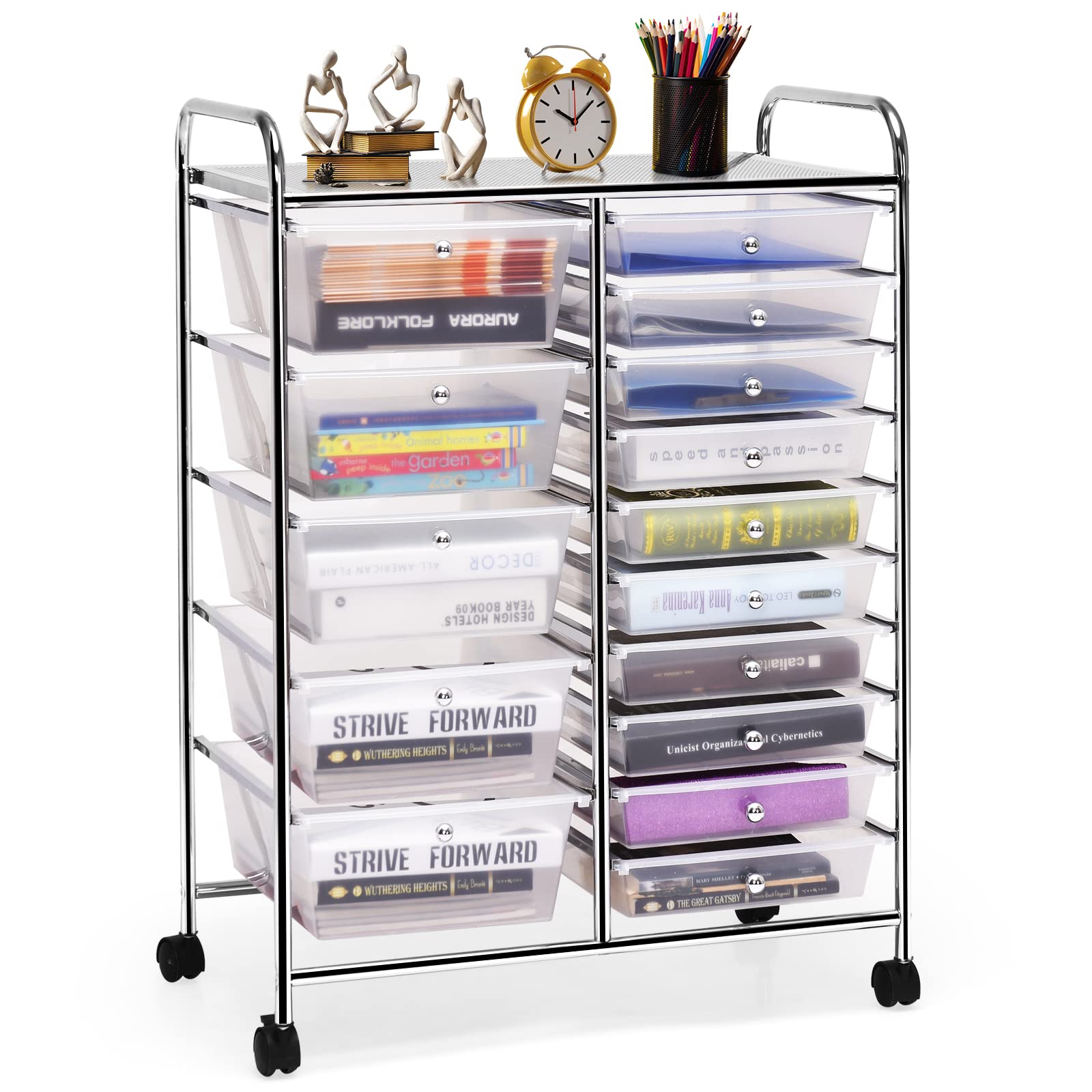 COSTWAY 15 Drawer Rolling Storage Cart, Multipurpose Mobile Storage Organizer w/Removable Drawers & Metal Frame, Utility Tools Paper Organizer on Wheels for Home, Office (Transparent)