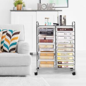 COSTWAY 15 Drawer Rolling Storage Cart, Multipurpose Mobile Storage Organizer w/Removable Drawers & Metal Frame, Utility Tools Paper Organizer on Wheels for Home, Office (Transparent)