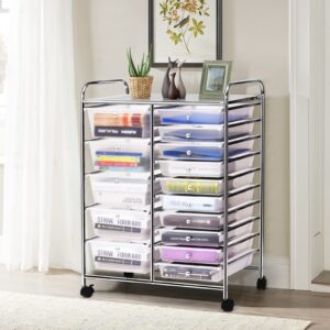 COSTWAY 15 Drawer Rolling Storage Cart, Multipurpose Mobile Storage Organizer w/Removable Drawers & Metal Frame, Utility Tools Paper Organizer on Wheels for Home, Office (Transparent)