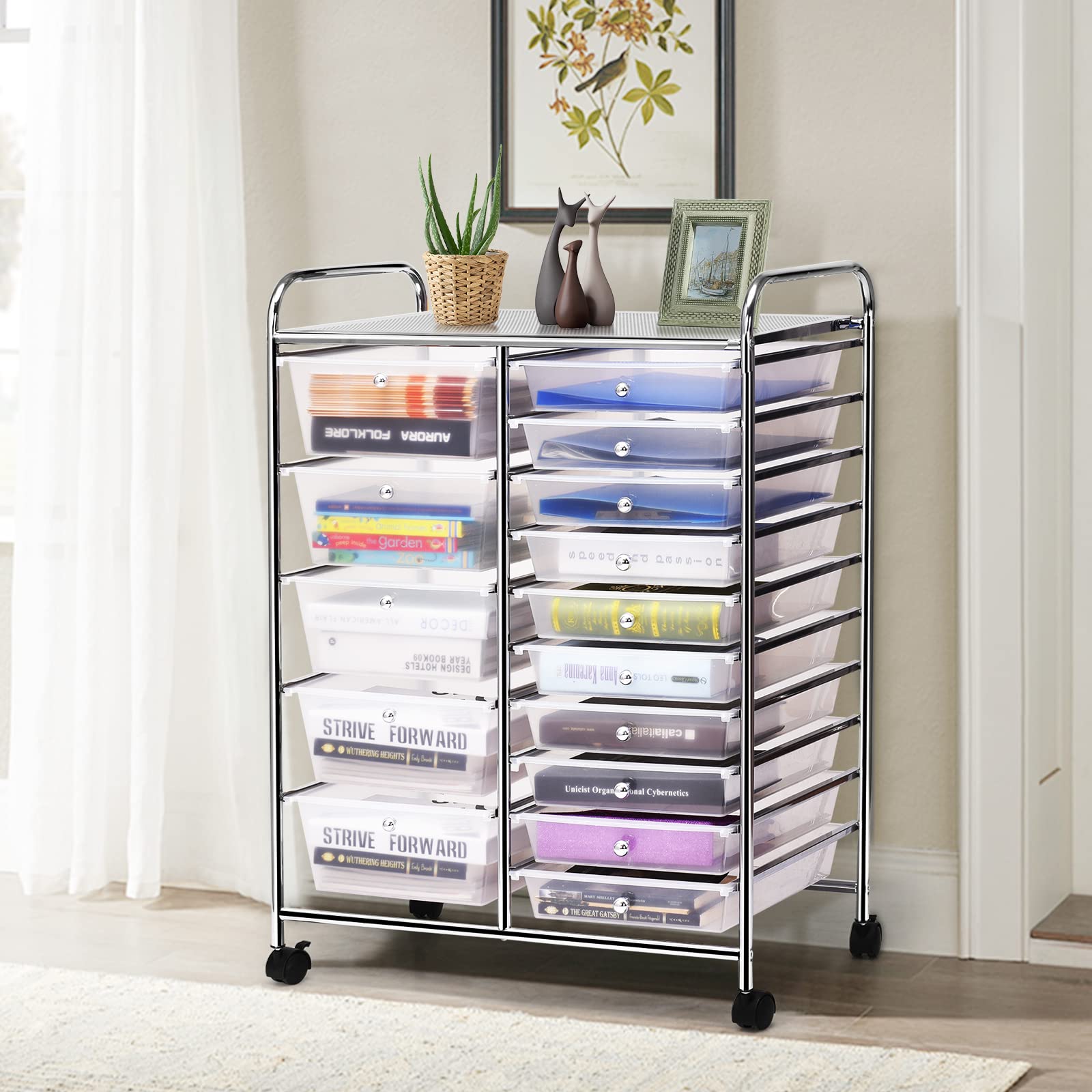 COSTWAY 15 Drawer Rolling Storage Cart, Multipurpose Mobile Storage Organizer w/Removable Drawers & Metal Frame, Utility Tools Paper Organizer on Wheels for Home, Office (Transparent)