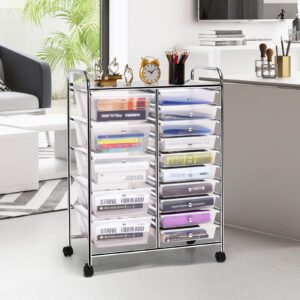 COSTWAY 15 Drawer Rolling Storage Cart, Multipurpose Mobile Storage Organizer w/Removable Drawers & Metal Frame, Utility Tools Paper Organizer on Wheels for Home, Office (Transparent)