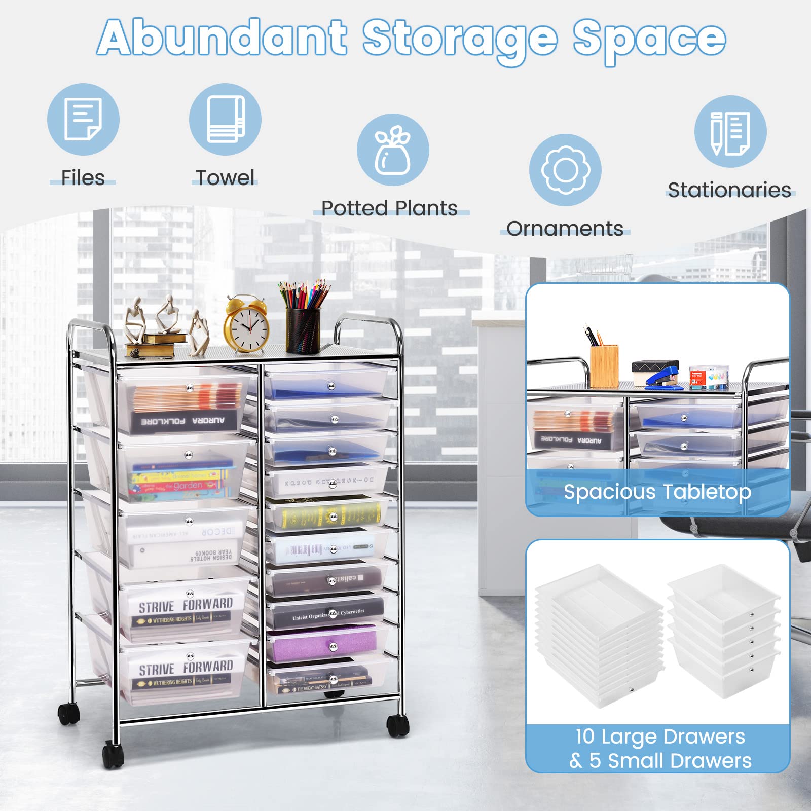 COSTWAY 15 Drawer Rolling Storage Cart, Multipurpose Mobile Storage Organizer w/Removable Drawers & Metal Frame, Utility Tools Paper Organizer on Wheels for Home, Office (Transparent)