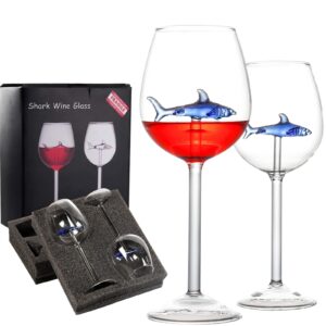 shark wine glass with shark inside, unique 3d blue colored shark wine glasses (set of 2), personalized shark in red wine cups, modern shark lover gifts for women party birthday wedding (goblet)