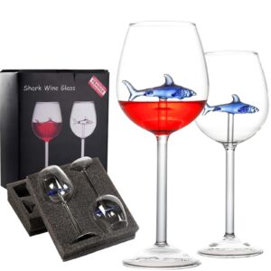 Shark Wine Glass with Shark Inside, Unique 3D Blue Colored Shark Wine Glasses (Set of 2), Personalized Shark in Red Wine Cups, Modern Shark Lover Gifts for Women Party Birthday Wedding (Goblet)