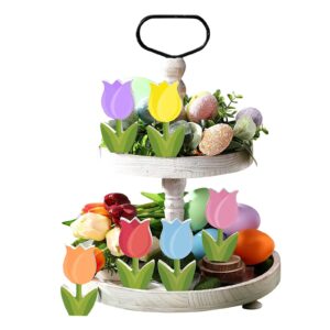 6 Pcs Easter Wooden Tulips Tiered Tray Decor Farmhouse Wood Tulips Table Decorations Spring Tiered Tray Decor Easter Wooden TulipsSign for Shelf Tabletop Easter Party Home Tie Trays (Pink, One Size)