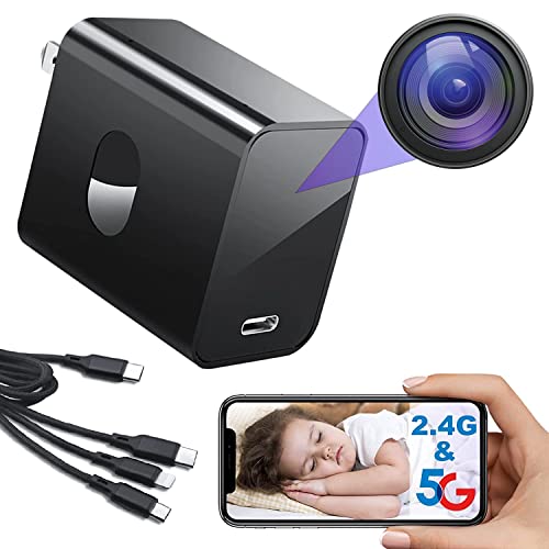 4K Spy Camera Hidden Camera Supports 2.4G&5GHz WiFi, Small Mini Camera, Nanny Cam Hidden Camera with Human Detection, Night Vision, 160°Wide View-Angle, Type C Spy Camera Charger for Home Security