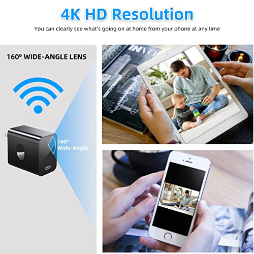 4K Spy Camera Hidden Camera Supports 2.4G&5GHz WiFi, Small Mini Camera, Nanny Cam Hidden Camera with Human Detection, Night Vision, 160°Wide View-Angle, Type C Spy Camera Charger for Home Security