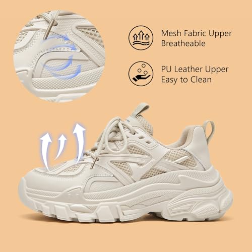 BEAU TODAY Chunky Sneakers for Women, Fashion Platform Sneakers Dad Shoes for Women, Casual Lace-up Walking Shoes Beige US 5.5