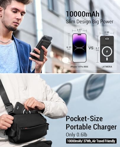 LATIMERIA Magnetic Wireless Power Bank, 10000mAh Portable Charger, 2 in 1 Mag-Safe Battery Pack with Kickstand, Only Compatible with iPhone 15/14/13/12 Series, Apple Watch Ultra/8/7/6/SE/5/4/3/2/1