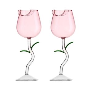meumity 2 pcs rose shaped cocktail cup,creative flower shaped red wine glasses with lifelike leaves multifunctional fashion household cups for wedding birthday bar party,pink