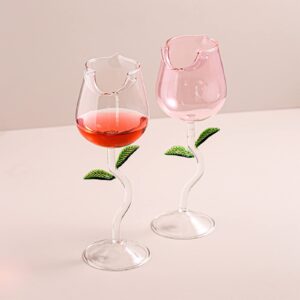 MEUMITY 2 PCS Rose Shaped Cocktail Cup,Creative Flower Shaped Red Wine Glasses with Lifelike Leaves Multifunctional Fashion Household Cups for Wedding Birthday Bar Party,Pink