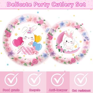 153 Pcs Easter Bunny Birthday Party Decorations Kit with Bunny Birthday Banner, Swirl, Latex Balloons, Cupcake Toppers, Paper Plate Cups Disposable Spoon for Rabbit Themed Girl Birthday Party Supplies