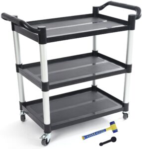 utility carts with wheels, craftforce 3-tier food service cart, heavy duty 528lb capacity rolling utility cart with lockable wheels for office, kitchen, garage, warehouse, 40.5" x 19.5" x 38.5", black