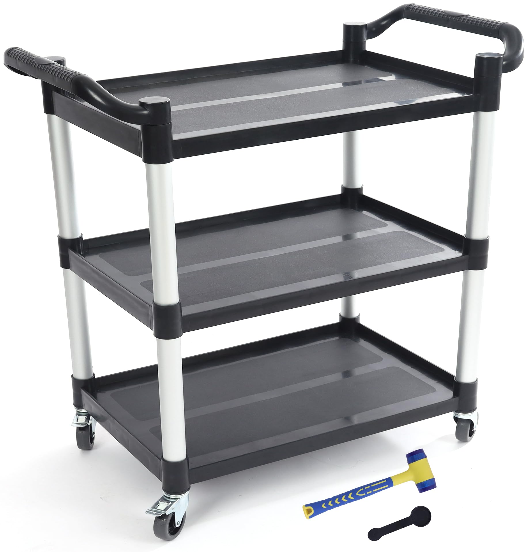 Utility Carts with Wheels, CRAFTFORCE 3-Tier Food Service Cart, Heavy Duty 528lb Capacity Rolling Utility Cart with Lockable Wheels for Office, Kitchen, Garage, Warehouse, 40.5" x 19.5" x 38.5", Black