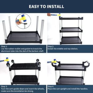 Utility Carts with Wheels, CRAFTFORCE 3-Tier Food Service Cart, Heavy Duty 528lb Capacity Rolling Utility Cart with Lockable Wheels for Office, Kitchen, Garage, Warehouse, 40.5" x 19.5" x 38.5", Black