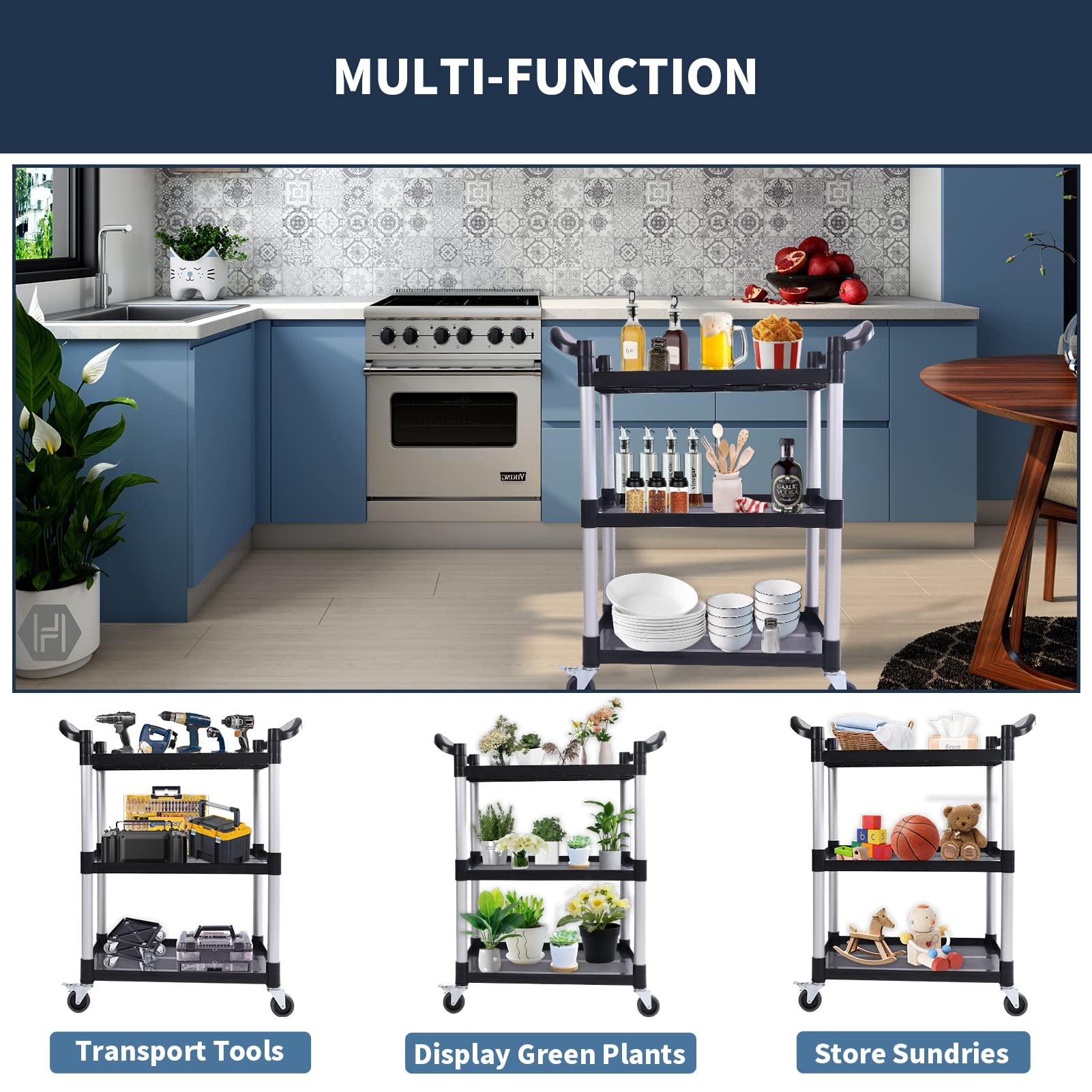 Utility Carts with Wheels, CRAFTFORCE 3-Tier Food Service Cart, Heavy Duty 528lb Capacity Rolling Utility Cart with Lockable Wheels for Office, Kitchen, Garage, Warehouse, 40.5" x 19.5" x 38.5", Black