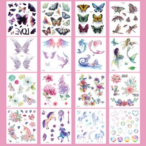 Glitter Temporary Tattoo for Girls 16Sheets Temporary Tattoos for kids Women Colorful Butterfly Tattoos Butterflies Wings Tattoo Stickers Waterproof Birthday Party Favors Goodie Bags Stuffers Party