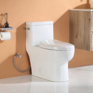 horow hr-st076w elongated toilet with left-hand trip lever, one piece toilet for bathroom, soft closing seat include, single side flush high efficiency 1.28 gpf, 12'' rough-in, white toilet bowl