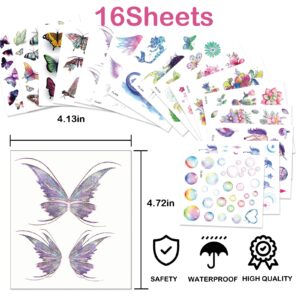 Glitter Temporary Tattoo for Girls 16Sheets Temporary Tattoos for kids Women Colorful Butterfly Tattoos Butterflies Wings Tattoo Stickers Waterproof Birthday Party Favors Goodie Bags Stuffers Party