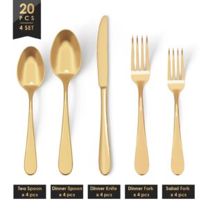 Moretoes 20Pcs Gold Silverware Set for 4, Stainless Steel Cutlery Set, Mirror Polished Flatware Sets for Home and Restaurant, Include Knife Fork Spoon Set, Dishwasher Safe