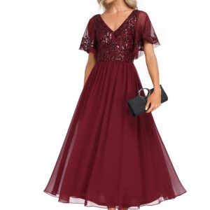 Ever-Pretty Women's Sequin Ruffle Sleeve V Neck A-Line Pleated Open Back Long Chiffon Formal Dresses Burgundy US26