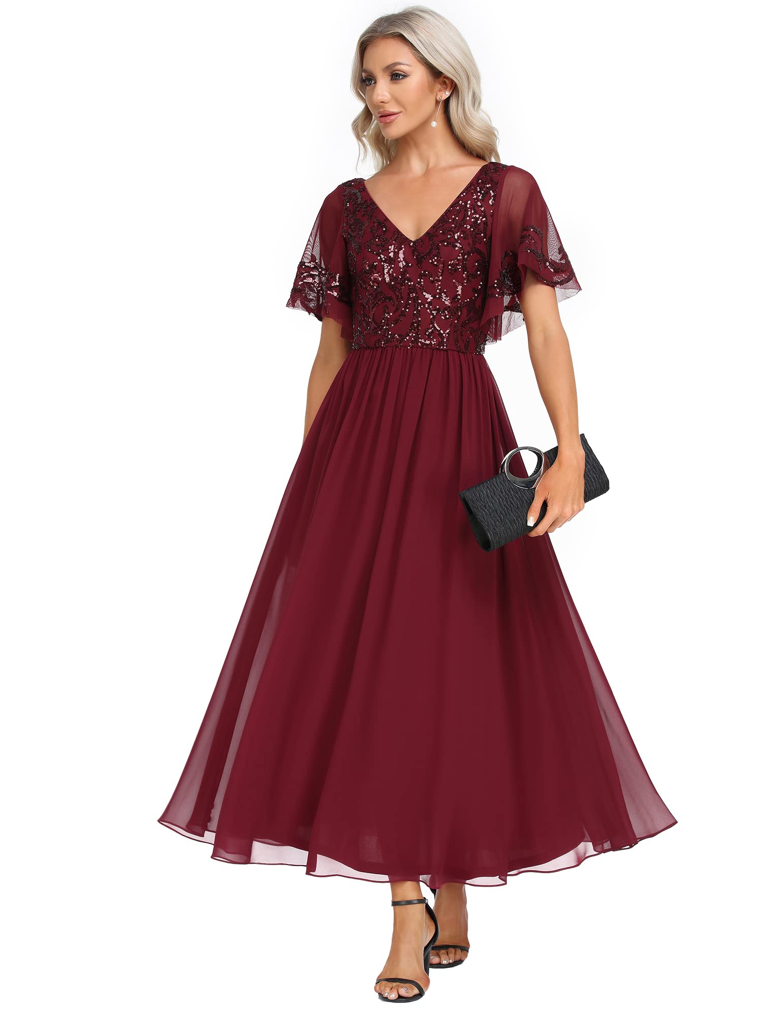 Ever-Pretty Women's Sequin Ruffle Sleeve V Neck A-Line Pleated Open Back Long Chiffon Formal Dresses Burgundy US26