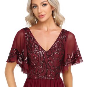 Ever-Pretty Women's Sequin Ruffle Sleeve V Neck A-Line Pleated Open Back Long Chiffon Formal Dresses Burgundy US26