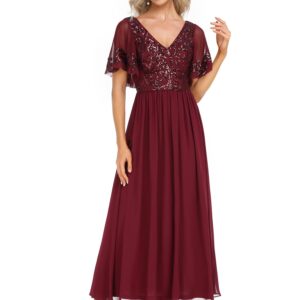 Ever-Pretty Women's Sequin Ruffle Sleeve V Neck A-Line Pleated Open Back Long Chiffon Formal Dresses Burgundy US26